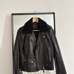 RUDSAK Black Leather Jacket with Shearling Collar